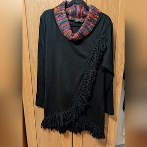 Minkas Black Sweater/Poncho with Colorful Cowl Neck